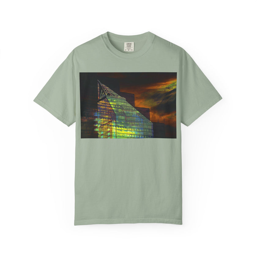 Night Light By Kevin Quinn -Modern Abstract Architectural Nightscape T-Shirt — Glass Building Sunset Photo Tee