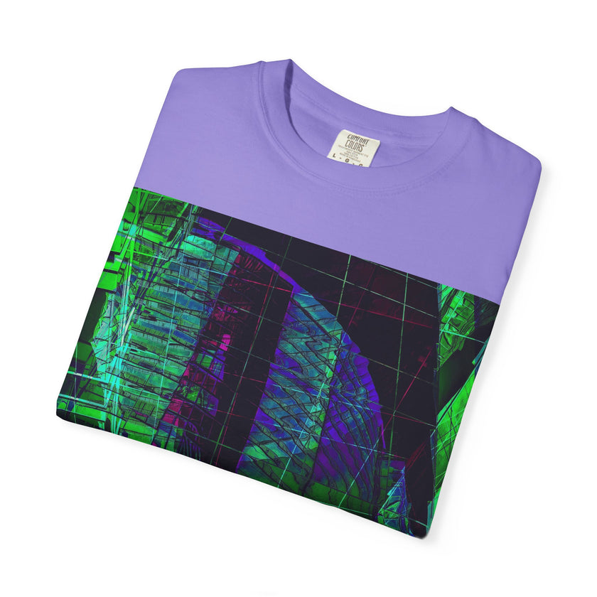 Love Talk By Kevin Quinn -Urban Abstract Architecture Neon Cityscape T-Shirt - Green & Purple Glitch Graphic