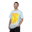 Silky The Sun Kid By Kevin Quinn-Modern Urban Sunface Graphic T-Shirt — Yellow Sun Artwork with QR Code Back