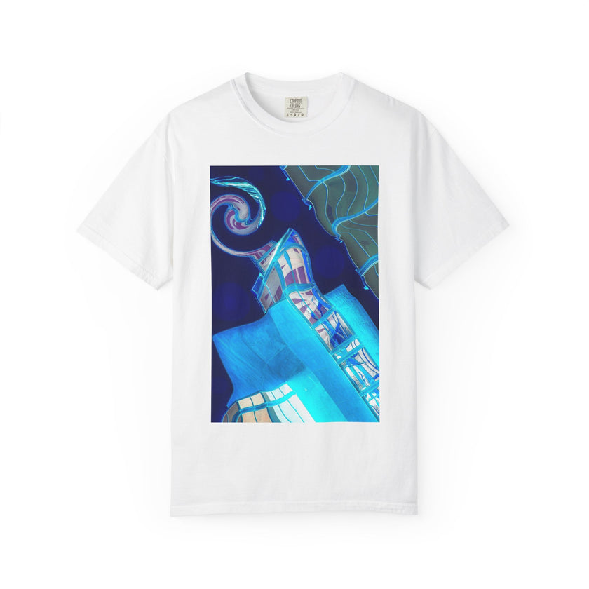Tiny Dancer By Kevin Quinn   -Urban Modern Abstract Architecture Graphic Tee— Blue Surreal Building Art