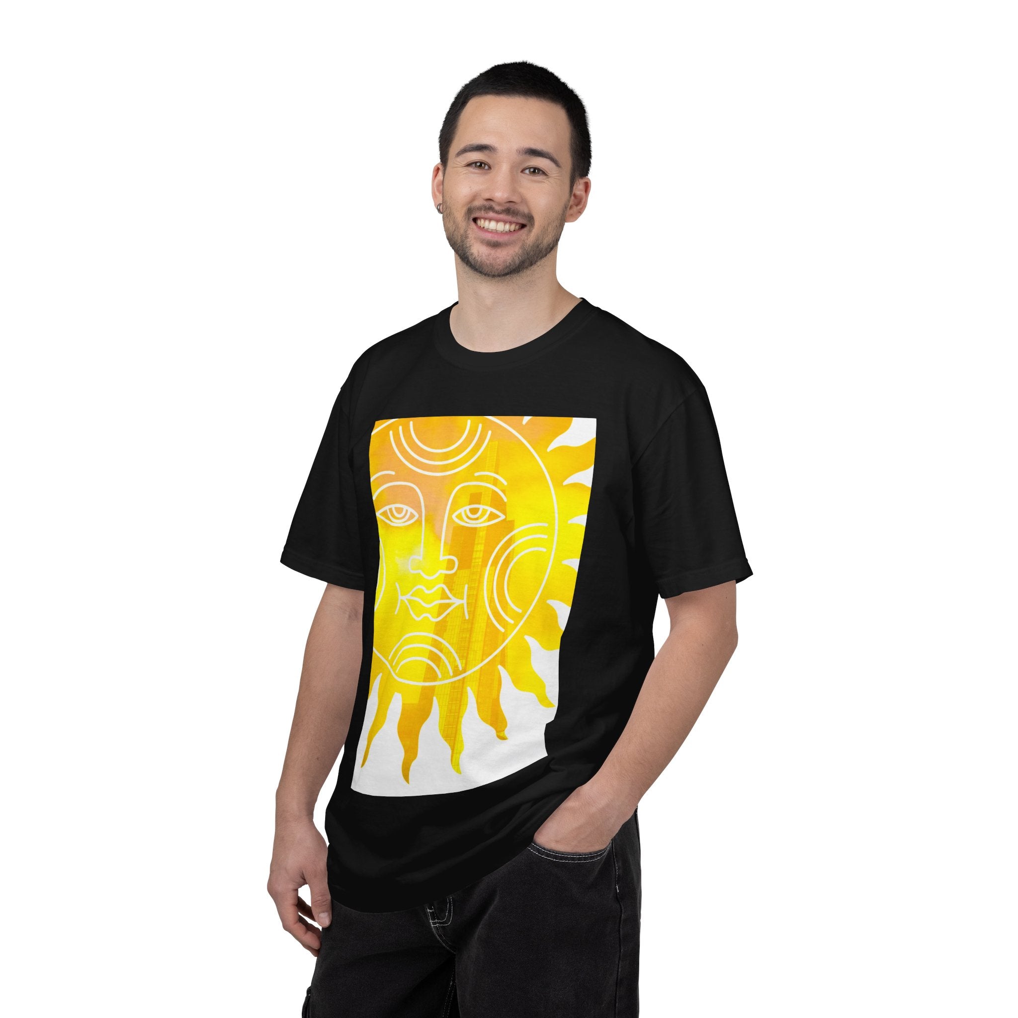 Silky The Sun Kid By Kevin Quinn-Modern Urban Sunface Graphic T-Shirt — Yellow Sun Artwork with QR Code Back