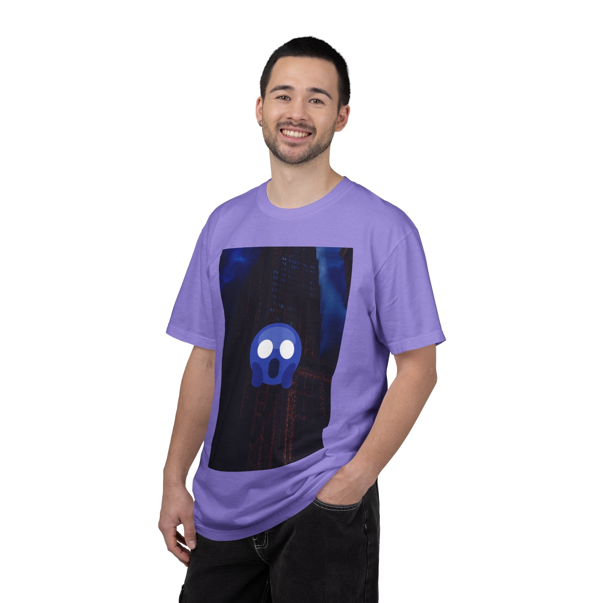 Mr. O  By Kevin Quinn   -Skull Ghost Graphic T-Shirt — Neon Blue Haunted Vibe- Modern Urban Pop Architecture