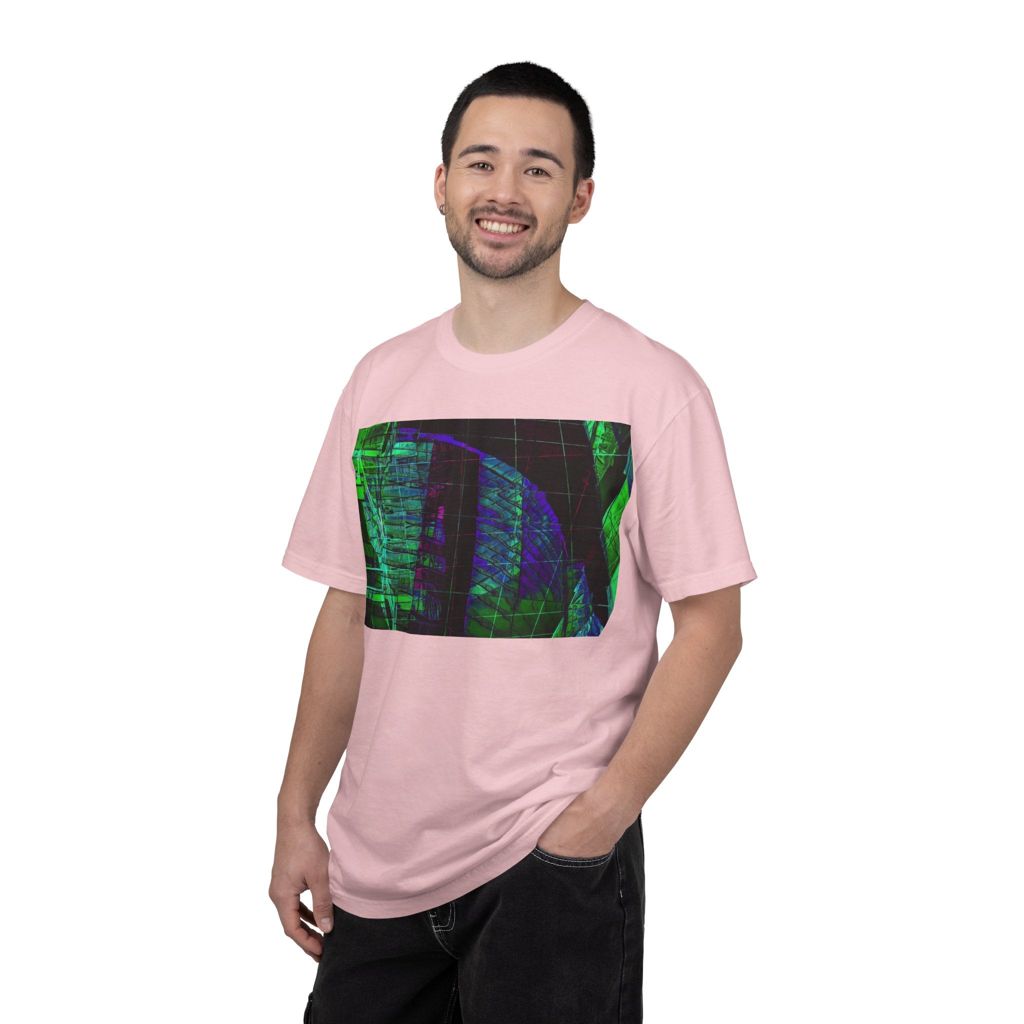 Love Talk By Kevin Quinn -Urban Abstract Architecture Neon Cityscape T-Shirt - Green & Purple Glitch Graphic