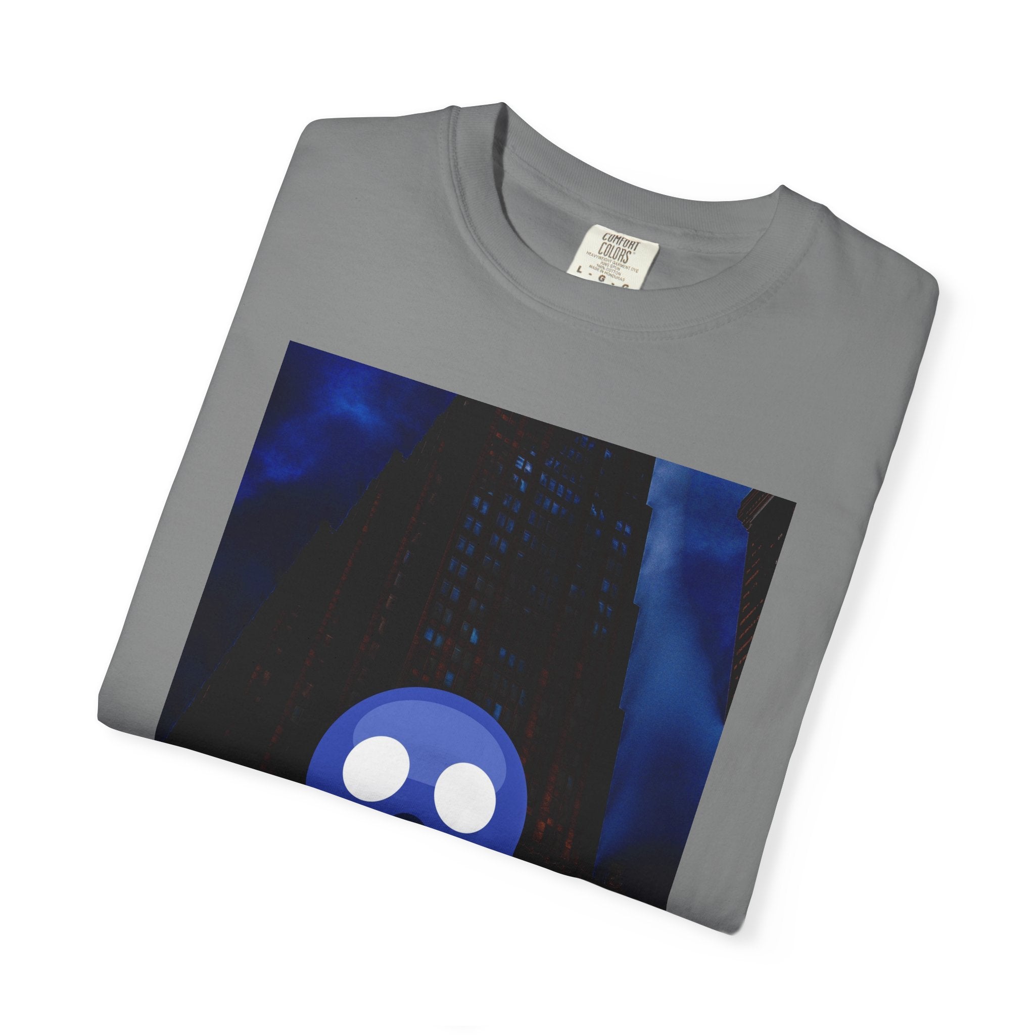 Mr. O  By Kevin Quinn   -Skull Ghost Graphic T-Shirt — Neon Blue Haunted Vibe- Modern Urban Pop Architecture