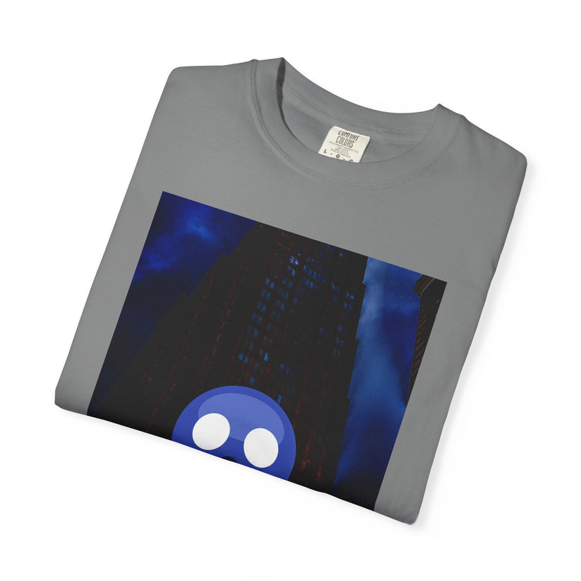 Mr. O  By Kevin Quinn   -Skull Ghost Graphic T-Shirt — Neon Blue Haunted Vibe- Modern Urban Pop Architecture