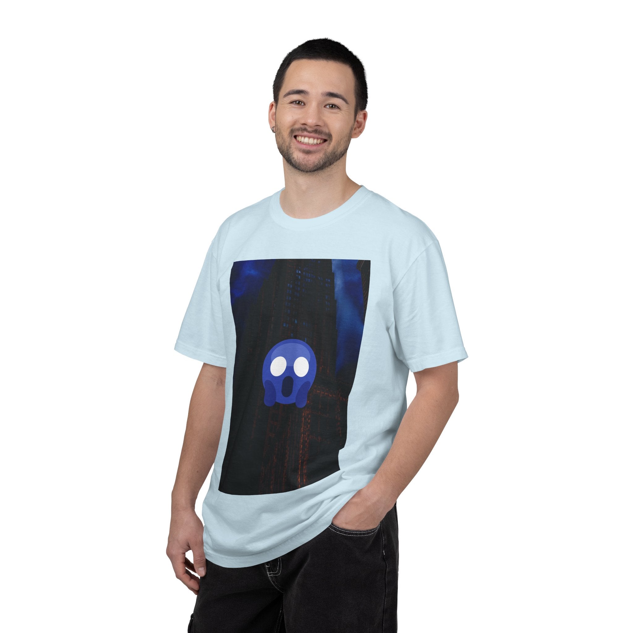 Mr. O  By Kevin Quinn   -Skull Ghost Graphic T-Shirt — Neon Blue Haunted Vibe- Modern Urban Pop Architecture