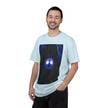 Mr. O  By Kevin Quinn   -Skull Ghost Graphic T-Shirt — Neon Blue Haunted Vibe- Modern Urban Pop Architecture