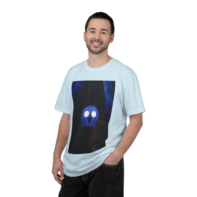 Mr. O  By Kevin Quinn   -Skull Ghost Graphic T-Shirt — Neon Blue Haunted Vibe- Modern Urban Pop Architecture
