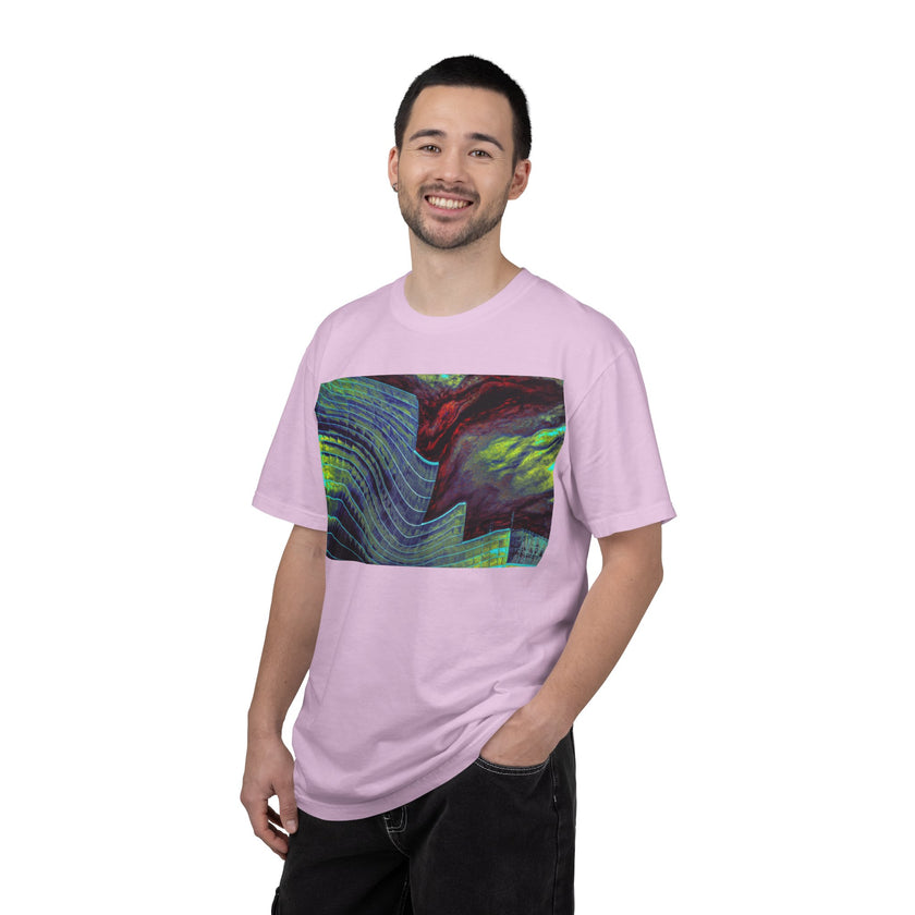 Leaving On A Thursday By Kevin Quinn -Urban Abstract Architecture Wave Art T-Shirt — Neon Ocean Landscape Graphic Tee