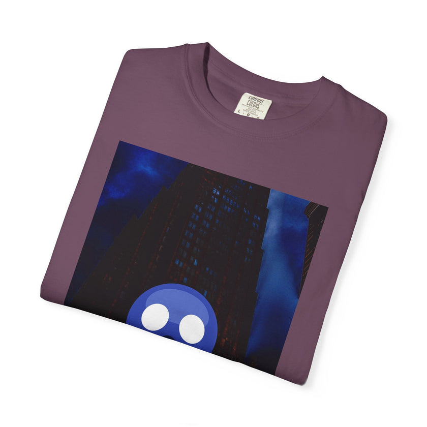 Mr. O  By Kevin Quinn   -Skull Ghost Graphic T-Shirt — Neon Blue Haunted Vibe- Modern Urban Pop Architecture