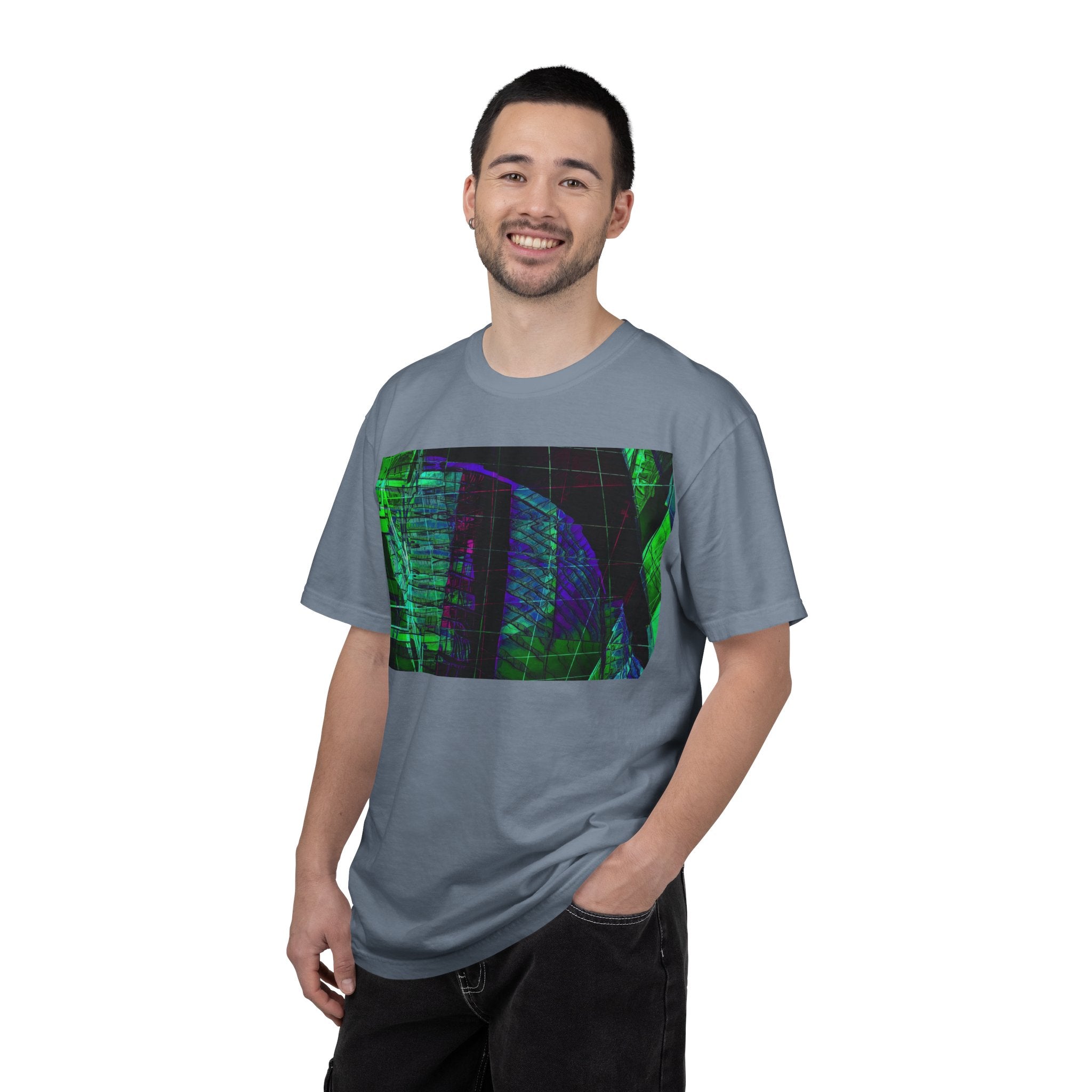 Love Talk By Kevin Quinn -Urban Abstract Architecture Neon Cityscape T-Shirt - Green & Purple Glitch Graphic
