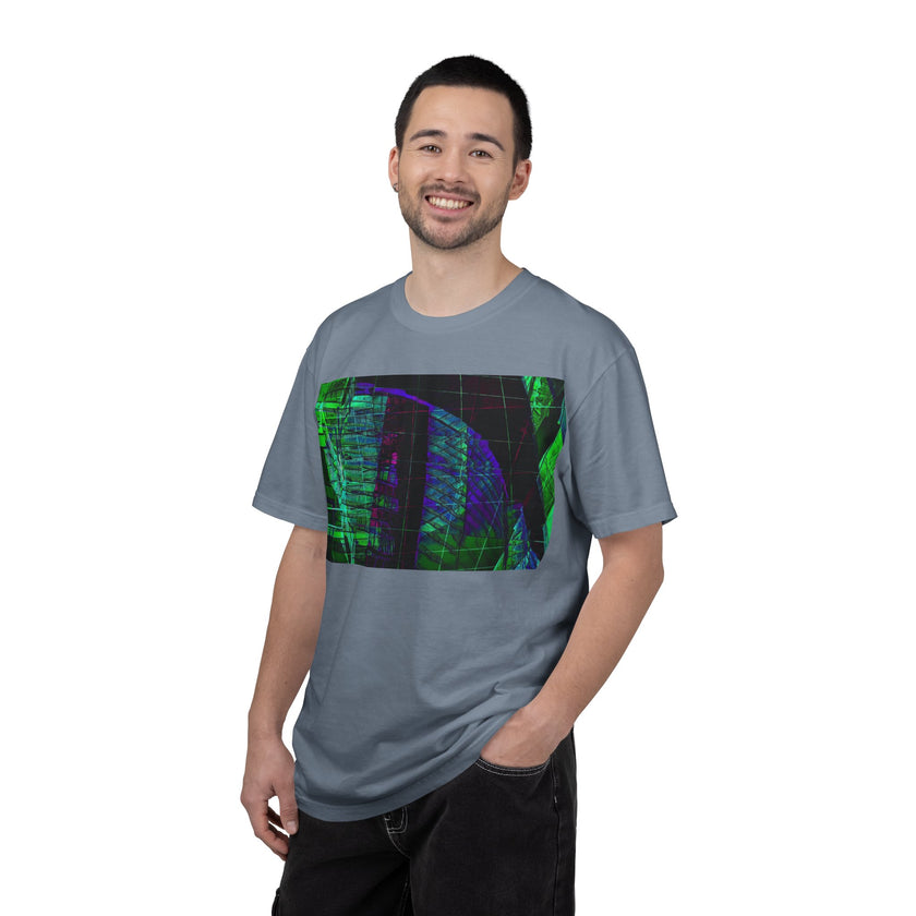 Love Talk By Kevin Quinn -Urban Abstract Architecture Neon Cityscape T-Shirt - Green & Purple Glitch Graphic