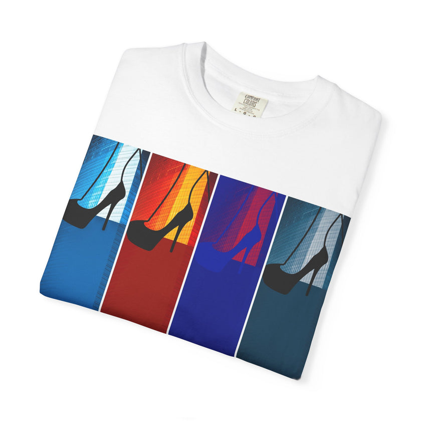 She Knows How To Use Them By Kevin Quinn -Modern Pop Architecture Art Stiletto T‑Shirt — Colorblock High Heel Graphic with QR Code