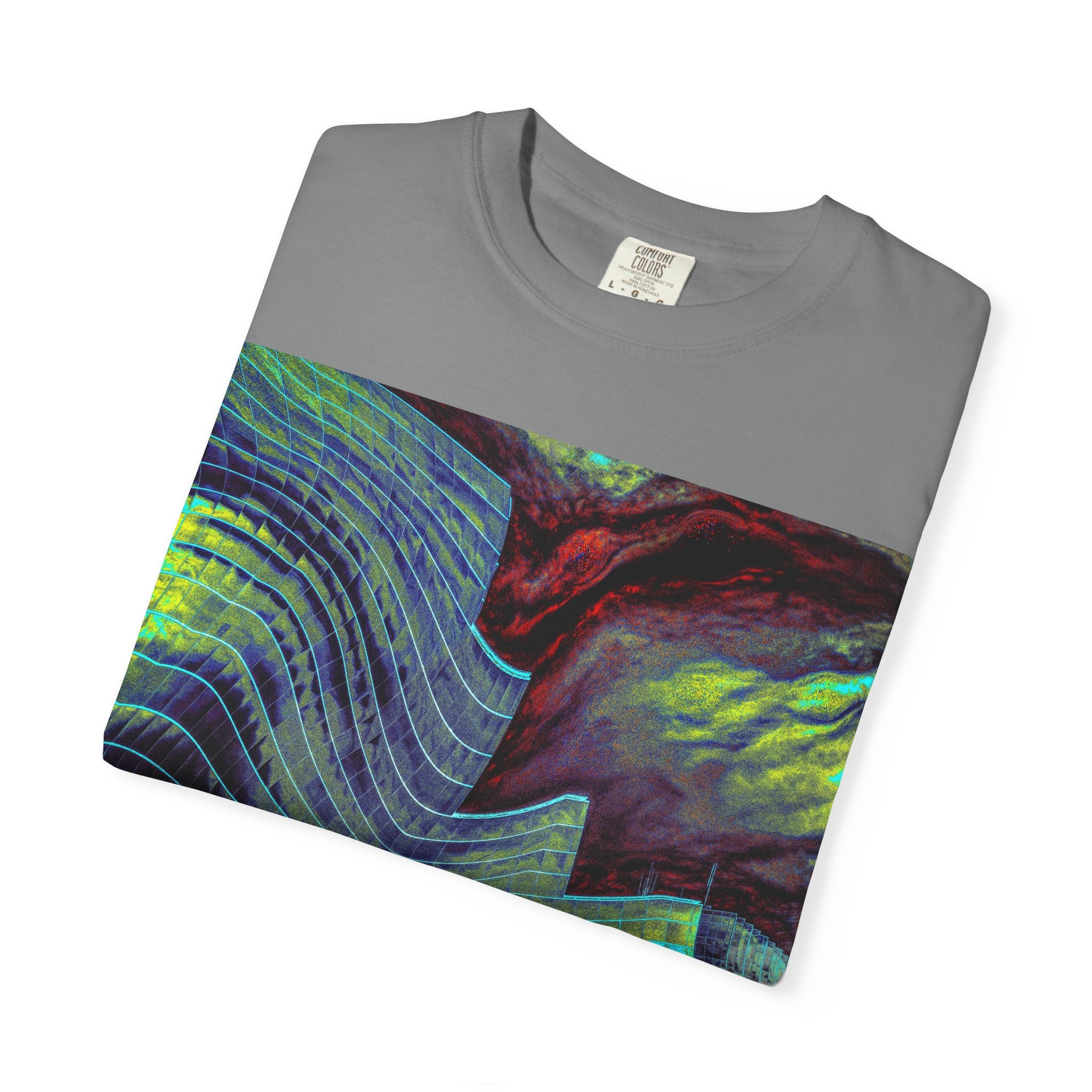 Leaving On A Thursday By Kevin Quinn -Urban Abstract Architecture Wave Art T-Shirt — Neon Ocean Landscape Graphic Tee