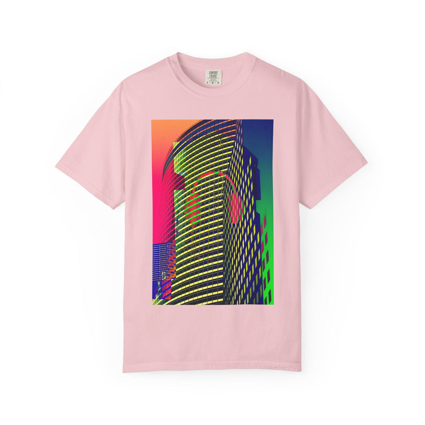 New York Beats By Kevin Quinn -Modern Abstract Architecture Neon Cityscape T-Shirt — Retro Vaporwave Building Print