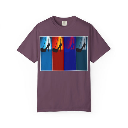 She Knows How To Use Them By Kevin Quinn -Modern Pop Architecture Art Stiletto T‑Shirt — Colorblock High Heel Graphic with QR Code