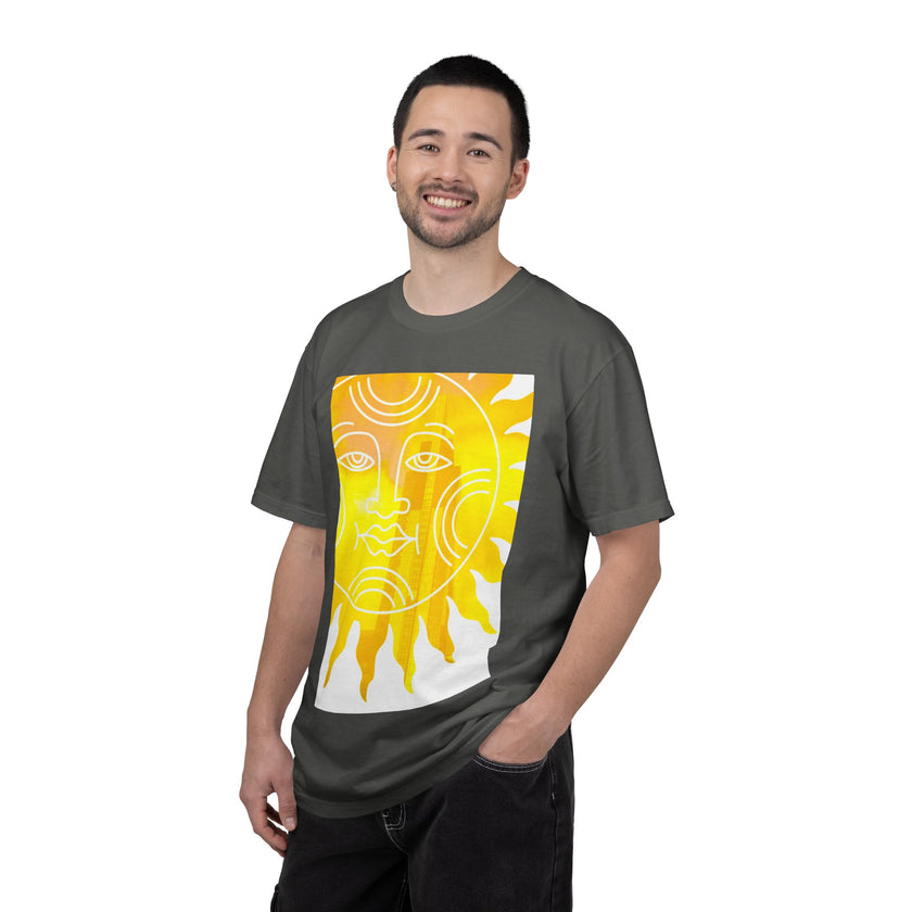Silky The Sun Kid By Kevin Quinn-Modern Urban Sunface Graphic T-Shirt — Yellow Sun Artwork with QR Code Back