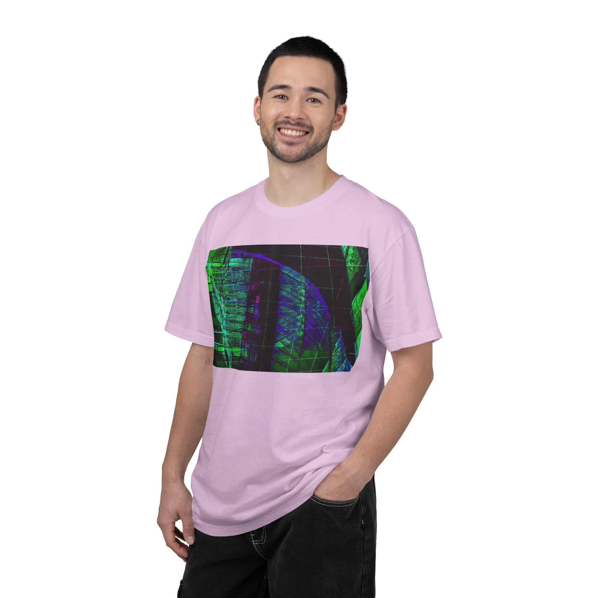 Love Talk By Kevin Quinn -Urban Abstract Architecture Neon Cityscape T-Shirt - Green & Purple Glitch Graphic