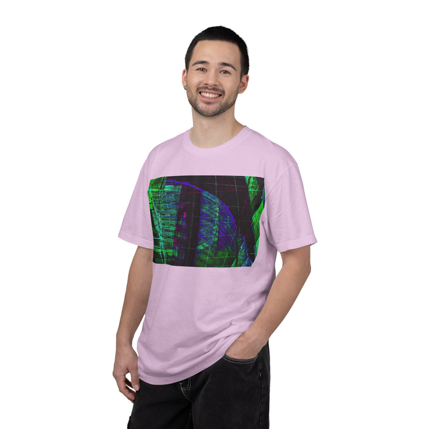 Love Talk By Kevin Quinn -Urban Abstract Architecture Neon Cityscape T-Shirt - Green & Purple Glitch Graphic