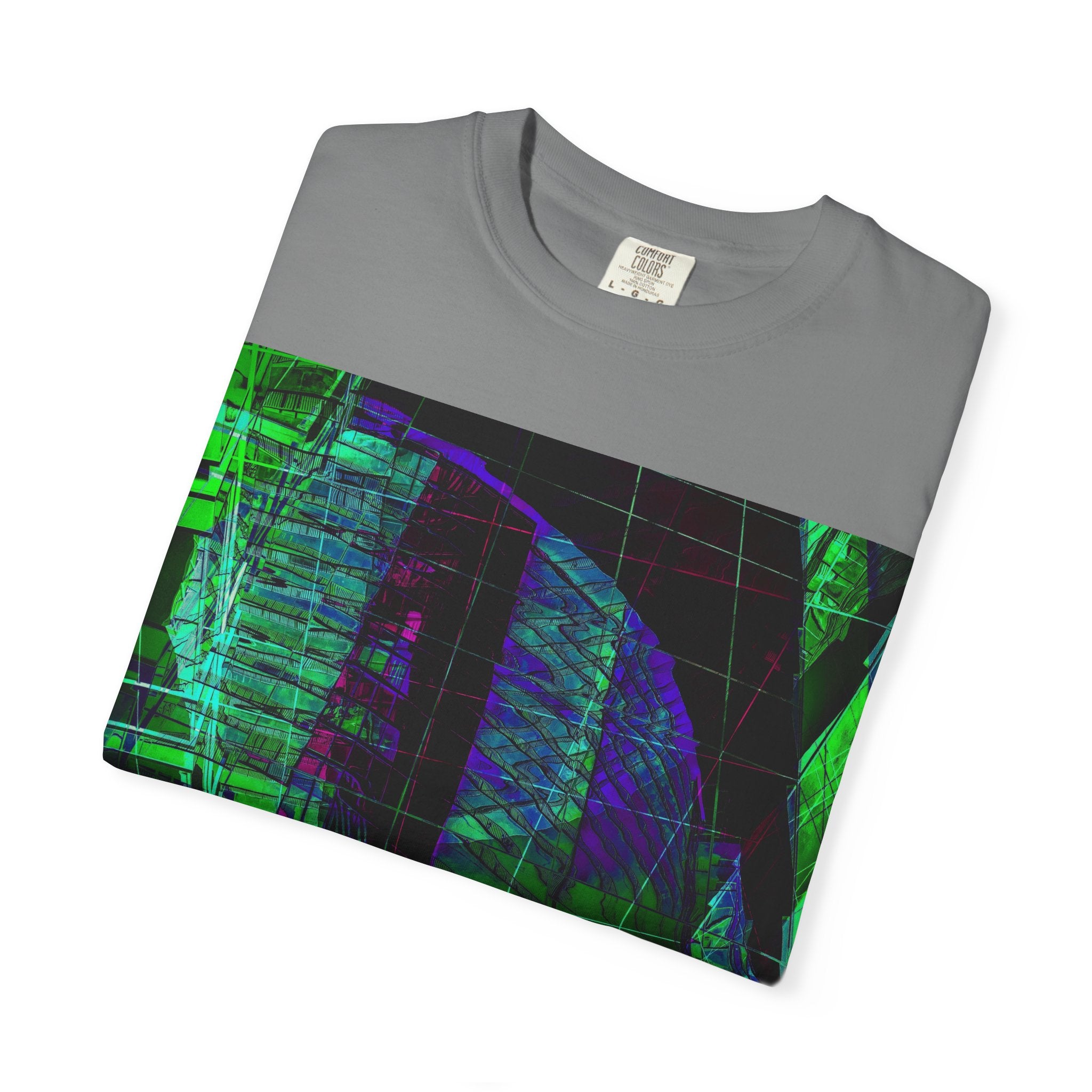 Love Talk By Kevin Quinn -Urban Abstract Architecture Neon Cityscape T-Shirt - Green & Purple Glitch Graphic