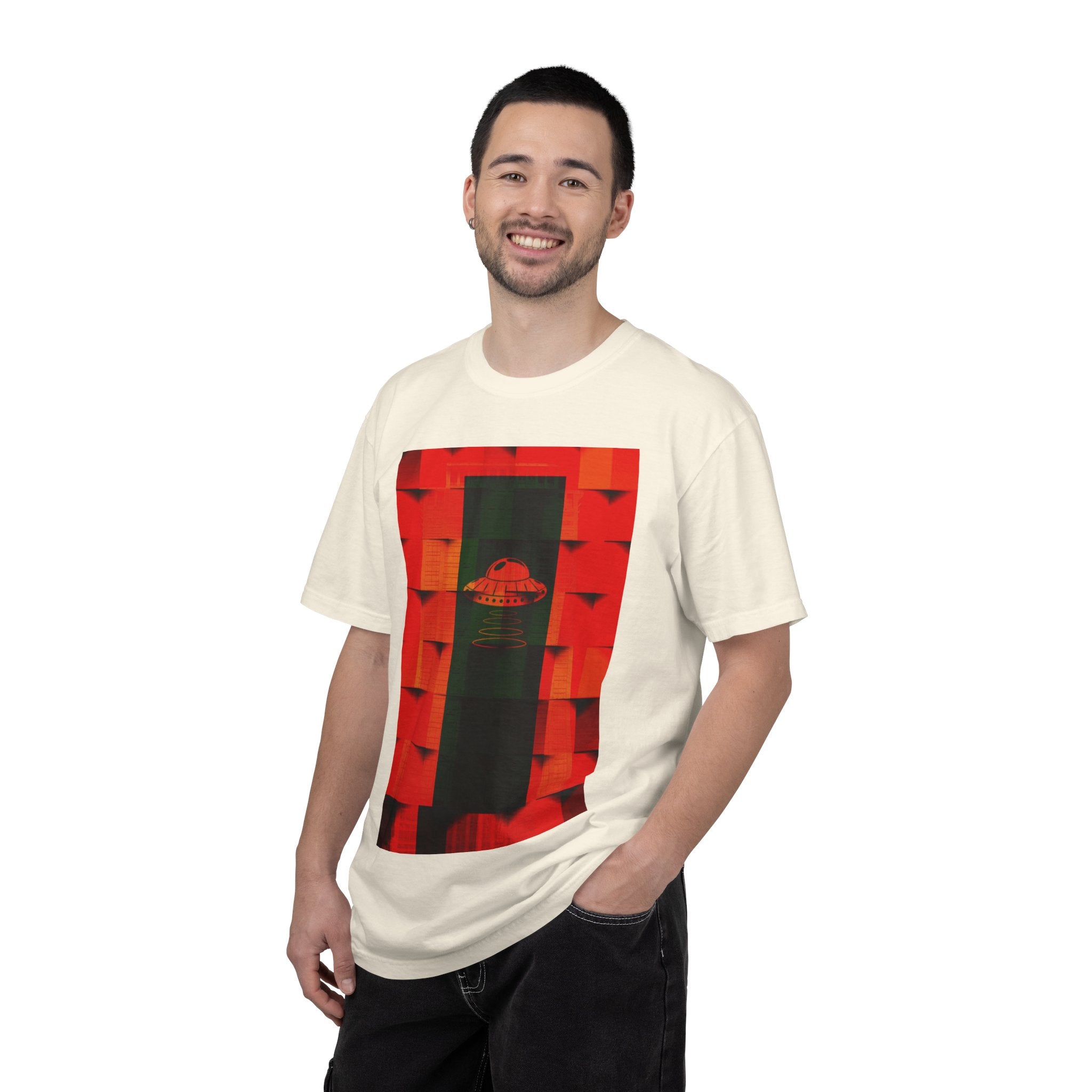 Hotel New Mexico By Kevin Quinn-Modern Abstract Architecture UFO QR Tee — Red Graphic T-Shirt with QR Code Back