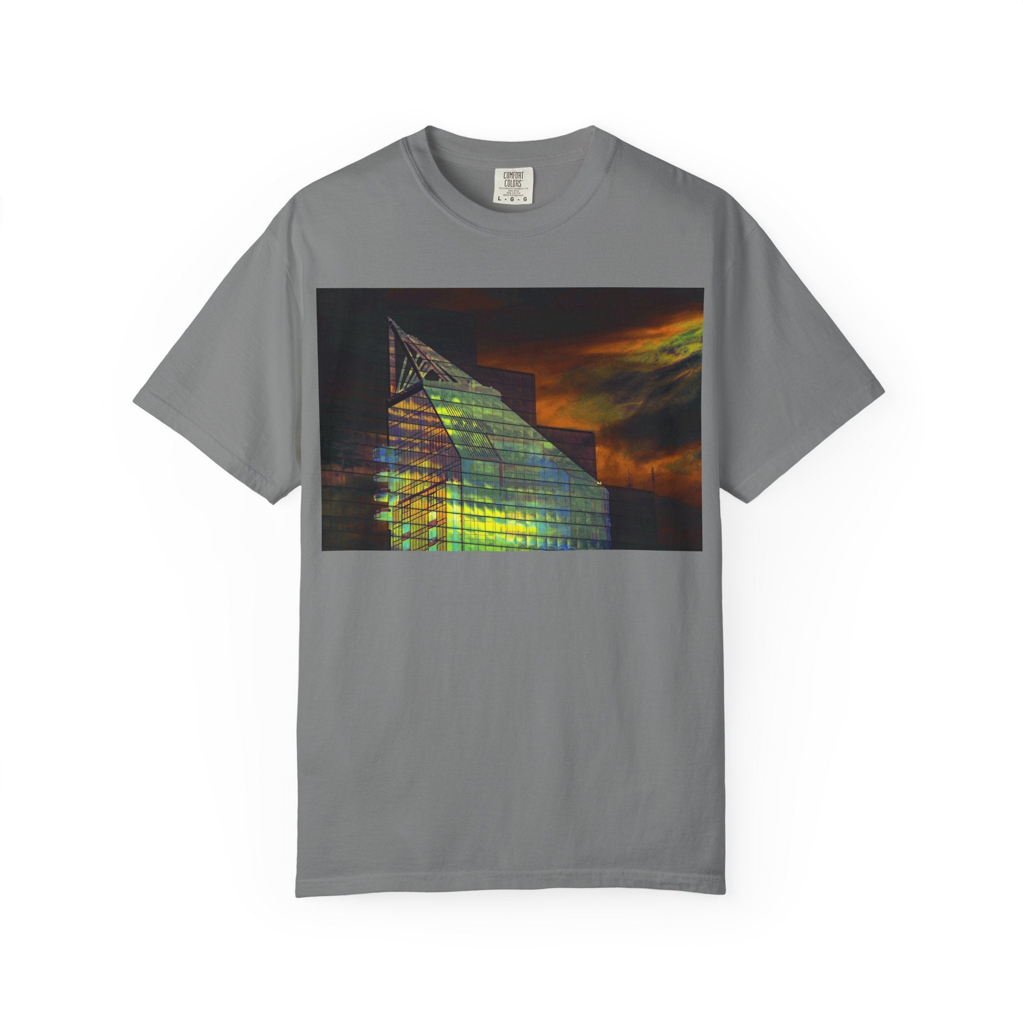 Night Light By Kevin Quinn -Modern Abstract Architectural Nightscape T-Shirt — Glass Building Sunset Photo Tee