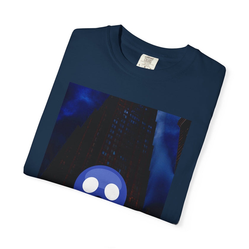 Mr. O  By Kevin Quinn   -Skull Ghost Graphic T-Shirt — Neon Blue Haunted Vibe- Modern Urban Pop Architecture