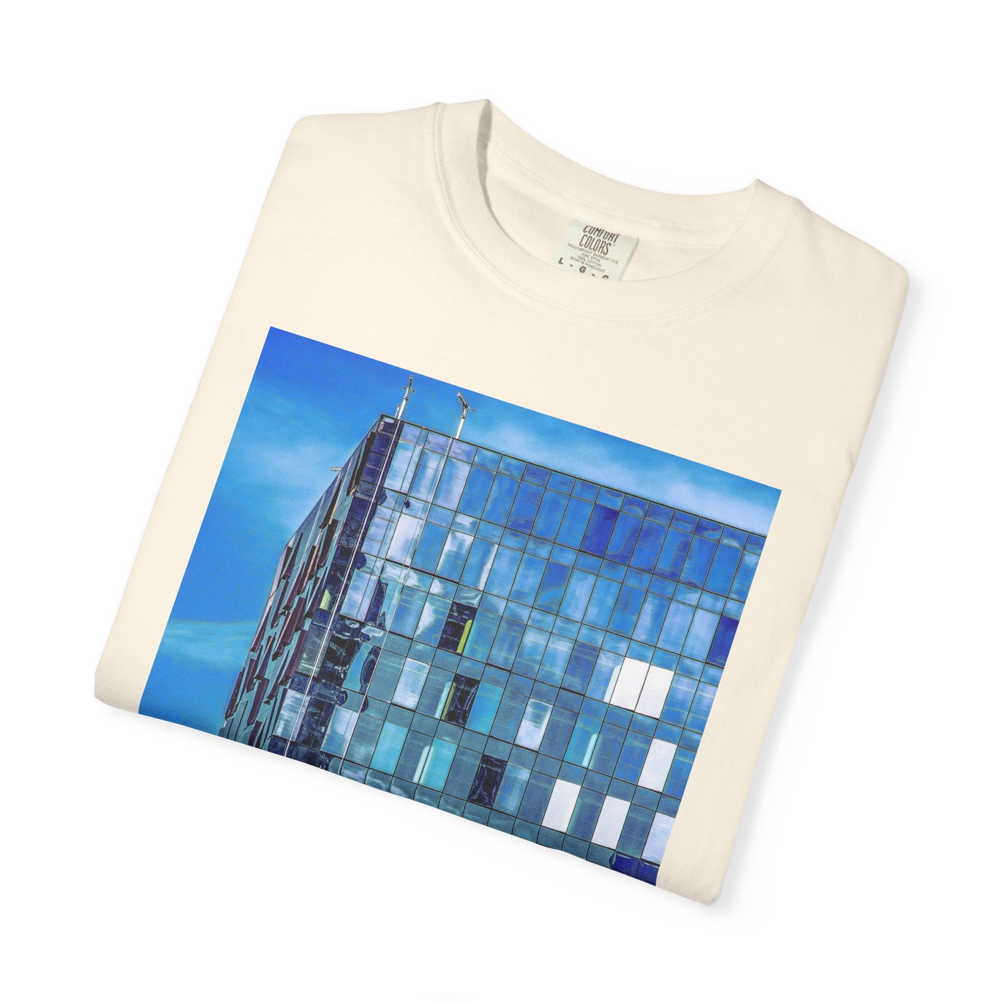 Toy Box By Kevin Quinn -Modern Urban Architecture Glass Facade T-Shirt — Blue Architectural Photo Tee