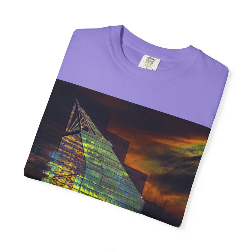 Night Light By Kevin Quinn -Modern Abstract Architectural Nightscape T-Shirt — Glass Building Sunset Photo Tee