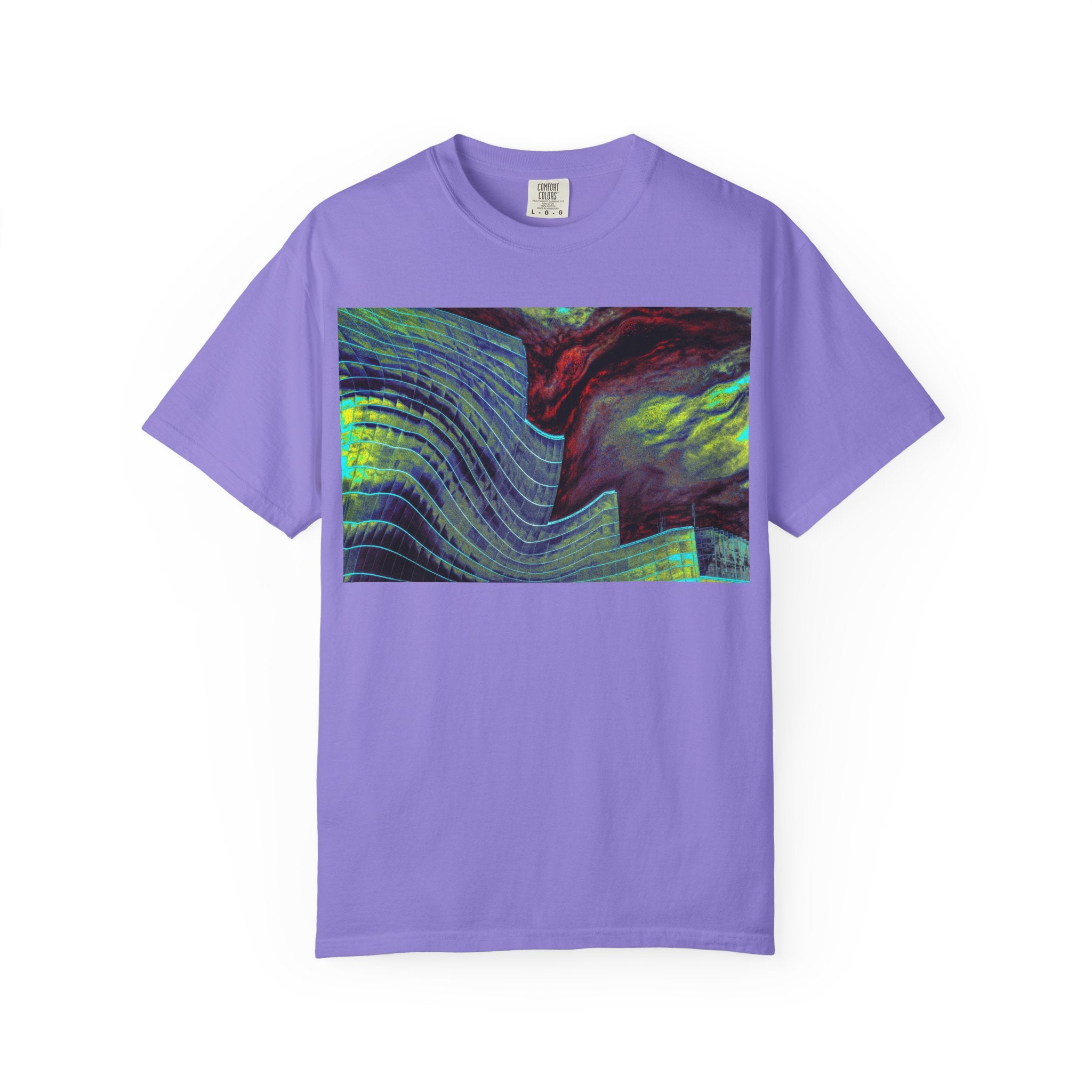 Leaving On A Thursday By Kevin Quinn -Urban Abstract Architecture Wave Art T-Shirt — Neon Ocean Landscape Graphic Tee