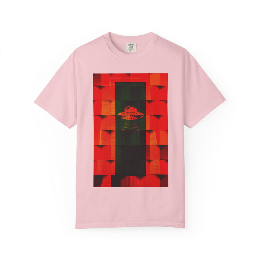 Hotel New Mexico By Kevin Quinn-Modern Abstract Architecture UFO QR Tee — Red Graphic T-Shirt with QR Code Back