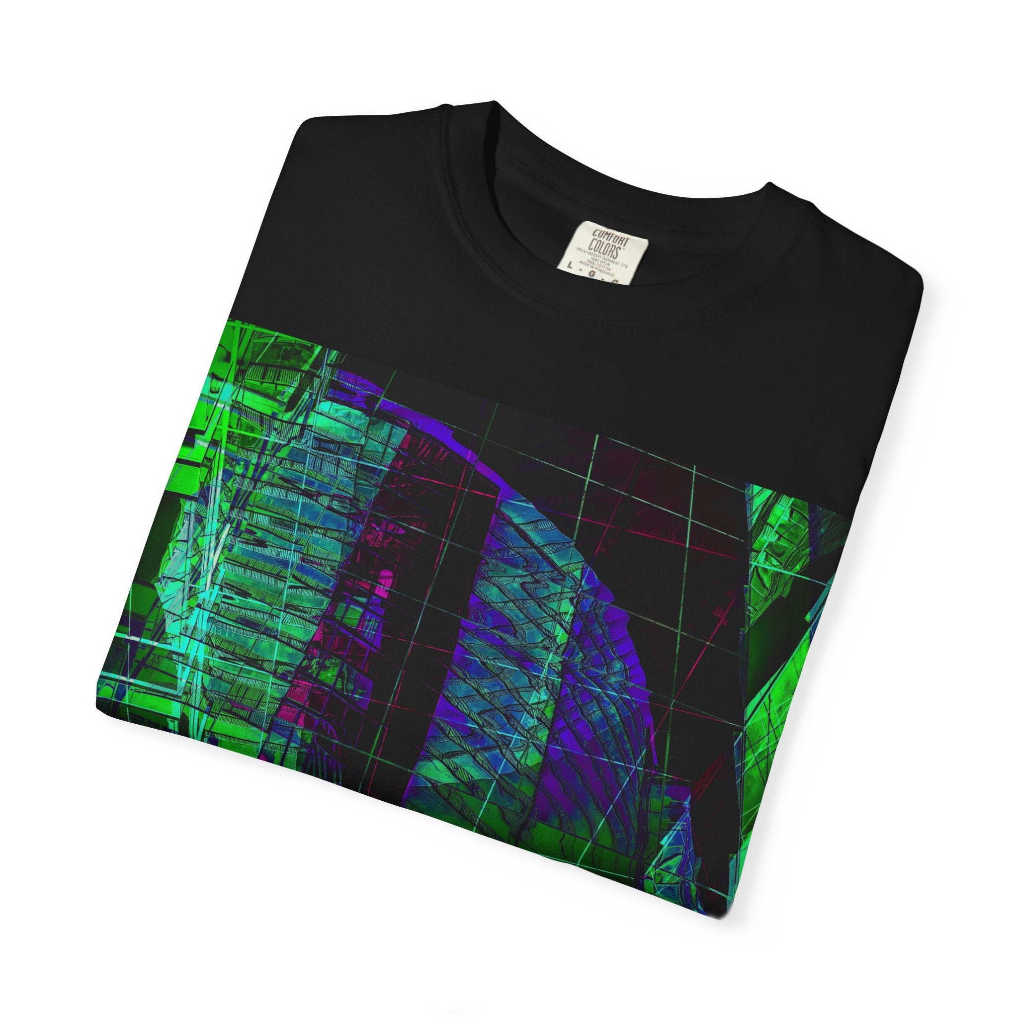 Love Talk By Kevin Quinn -Urban Abstract Architecture Neon Cityscape T-Shirt - Green & Purple Glitch Graphic