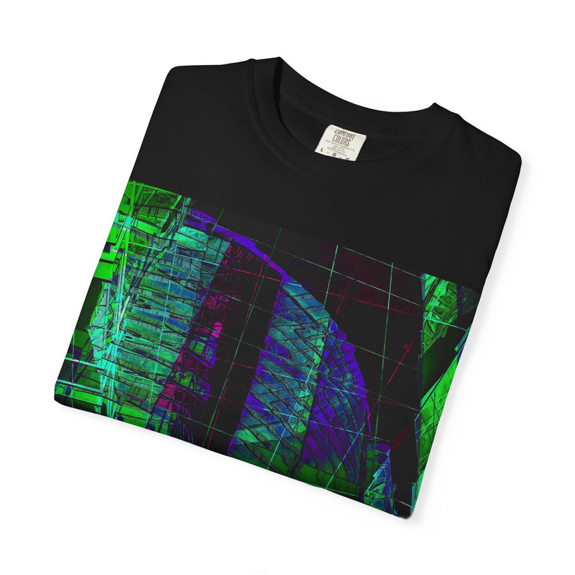 Love Talk By Kevin Quinn -Urban Abstract Architecture Neon Cityscape T-Shirt - Green & Purple Glitch Graphic