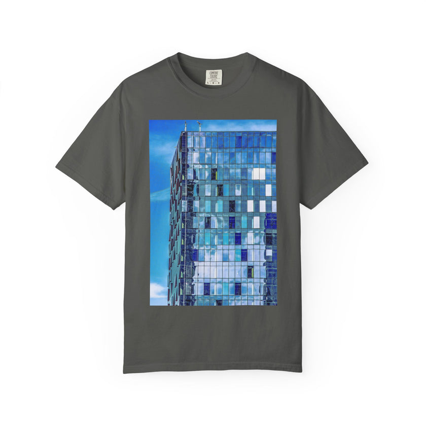 Toy Box By Kevin Quinn -Modern Urban Architecture Glass Facade T-Shirt — Blue Architectural Photo Tee
