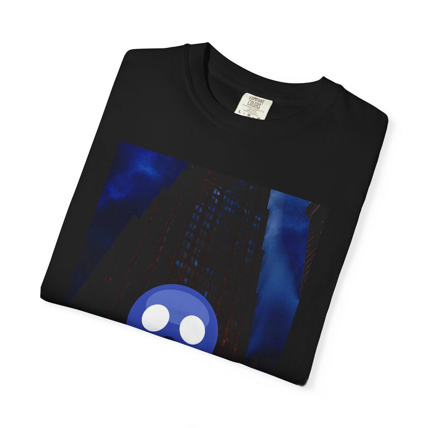 Mr. O  By Kevin Quinn   -Skull Ghost Graphic T-Shirt — Neon Blue Haunted Vibe- Modern Urban Pop Architecture