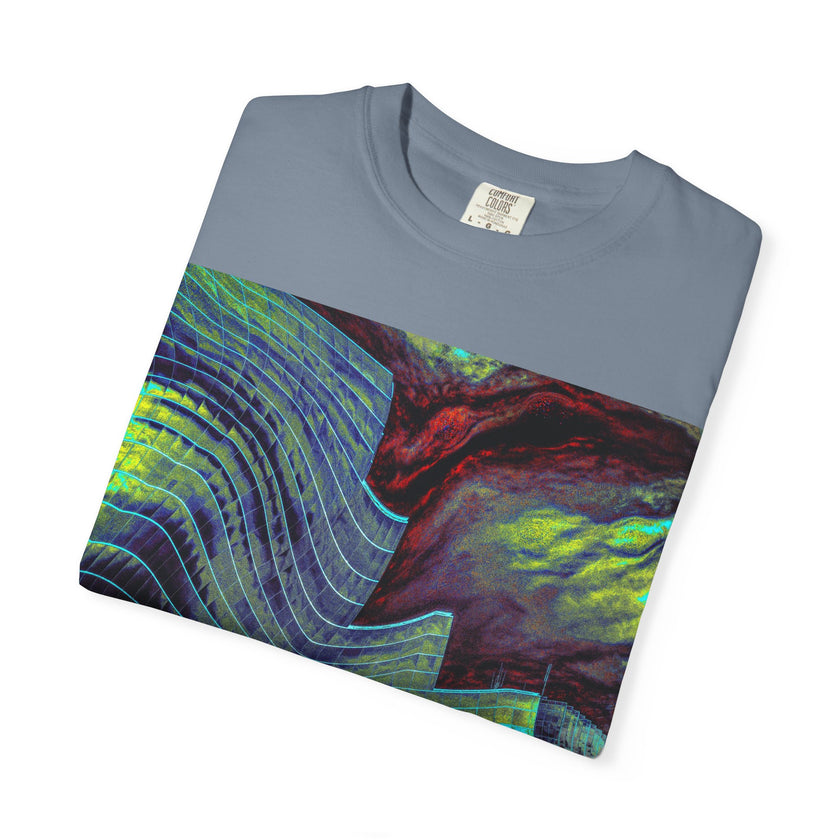 Leaving On A Thursday By Kevin Quinn -Urban Abstract Architecture Wave Art T-Shirt — Neon Ocean Landscape Graphic Tee