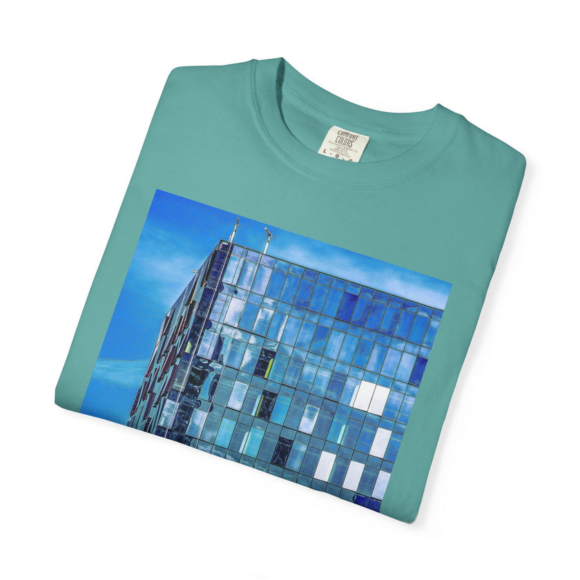 Toy Box By Kevin Quinn -Modern Urban Architecture Glass Facade T-Shirt — Blue Architectural Photo Tee