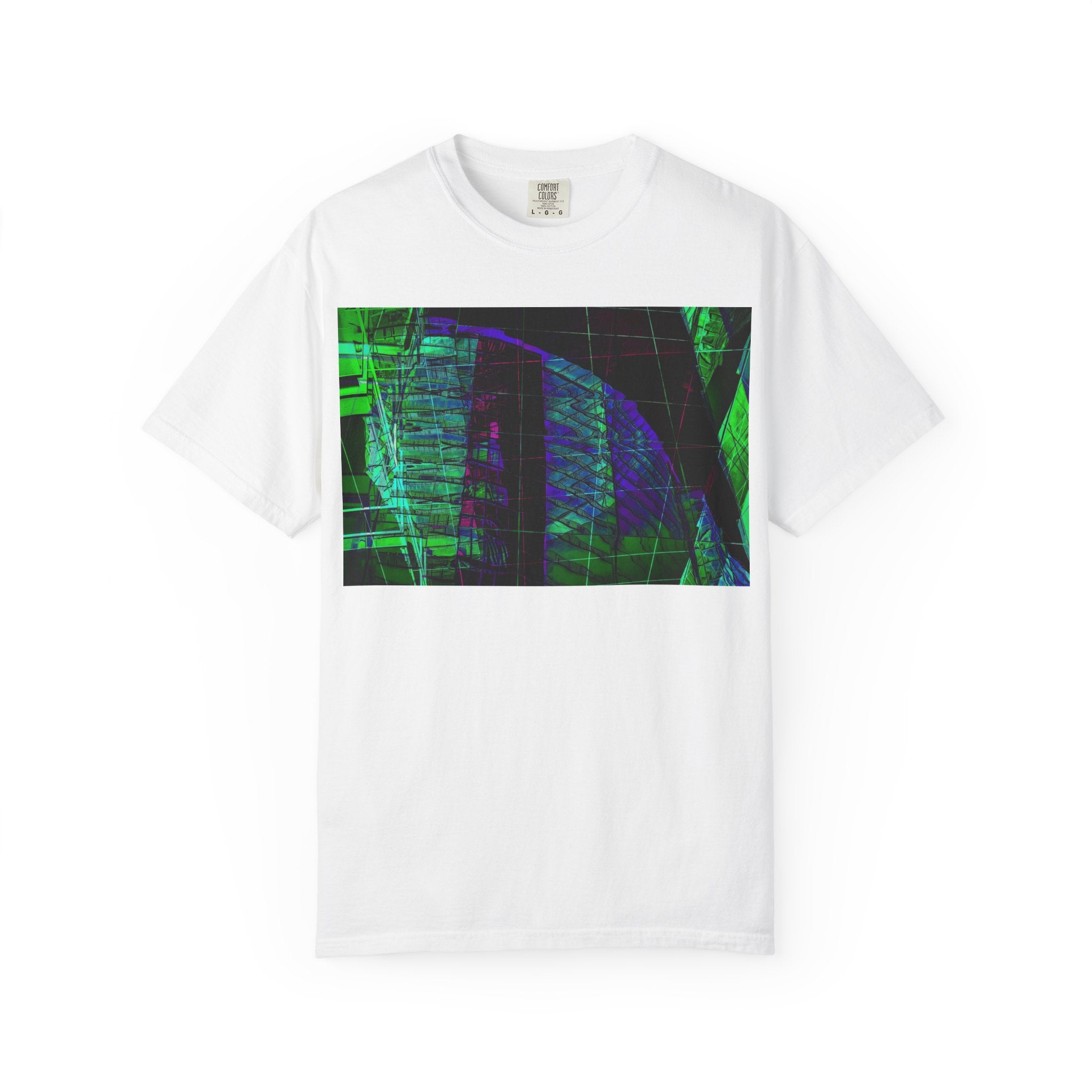 Love Talk By Kevin Quinn -Urban Abstract Architecture Neon Cityscape T-Shirt - Green & Purple Glitch Graphic