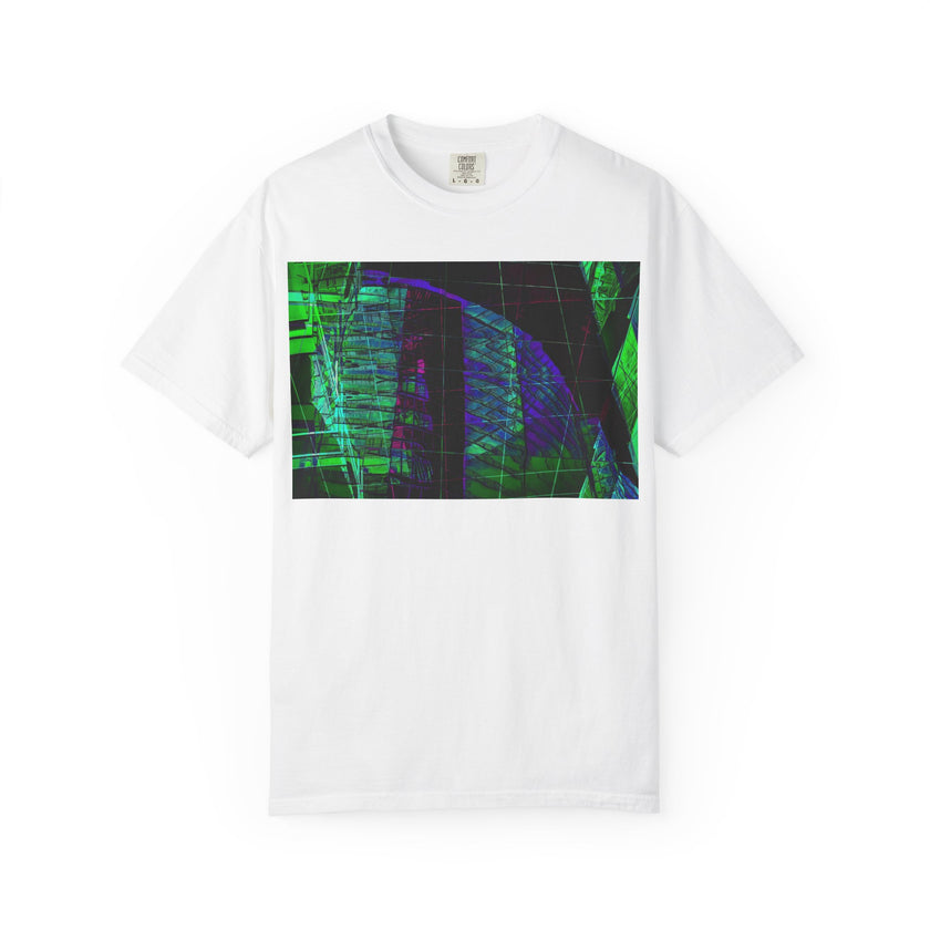Love Talk By Kevin Quinn -Urban Abstract Architecture Neon Cityscape T-Shirt - Green & Purple Glitch Graphic