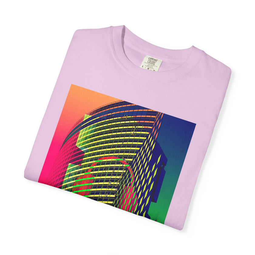 New York Beats By Kevin Quinn -Modern Abstract Architecture Neon Cityscape T-Shirt — Retro Vaporwave Building Print