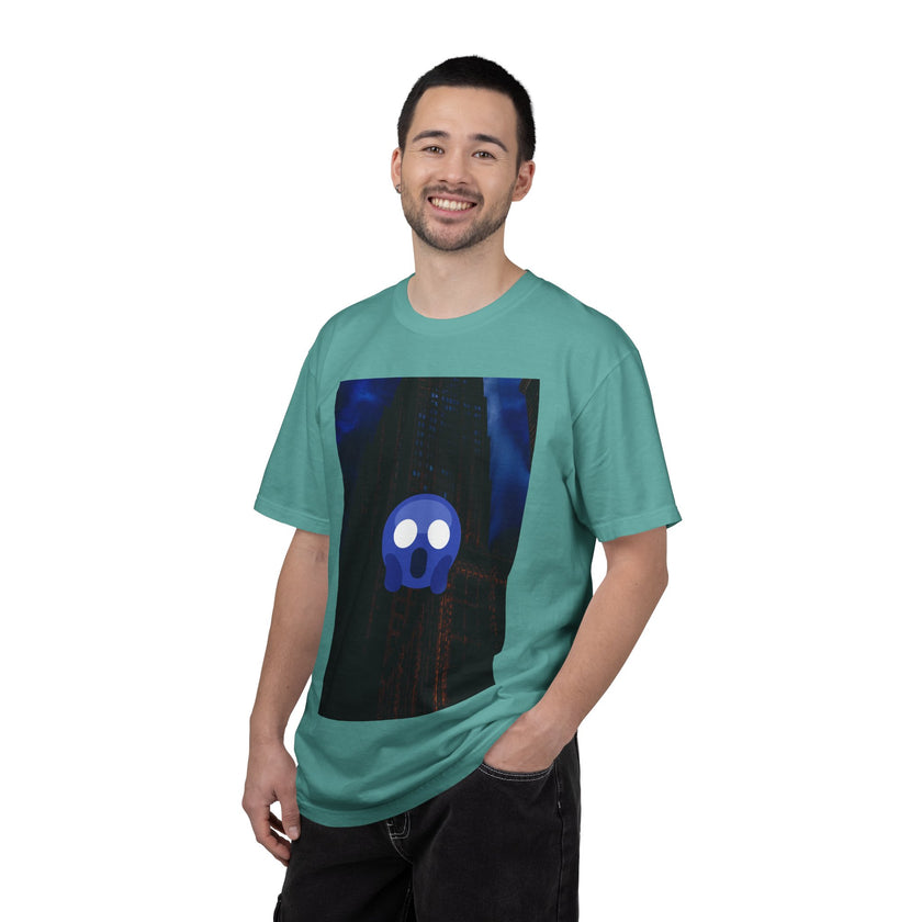 Mr. O  By Kevin Quinn   -Skull Ghost Graphic T-Shirt — Neon Blue Haunted Vibe- Modern Urban Pop Architecture