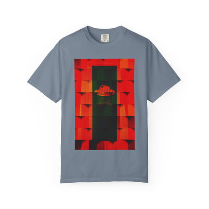 Hotel New Mexico By Kevin Quinn-Modern Abstract Architecture UFO QR Tee — Red Graphic T-Shirt with QR Code Back