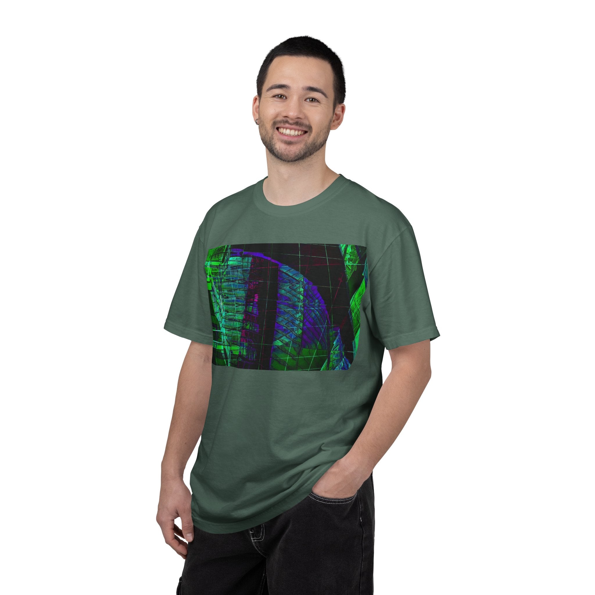 Love Talk By Kevin Quinn -Urban Abstract Architecture Neon Cityscape T-Shirt - Green & Purple Glitch Graphic