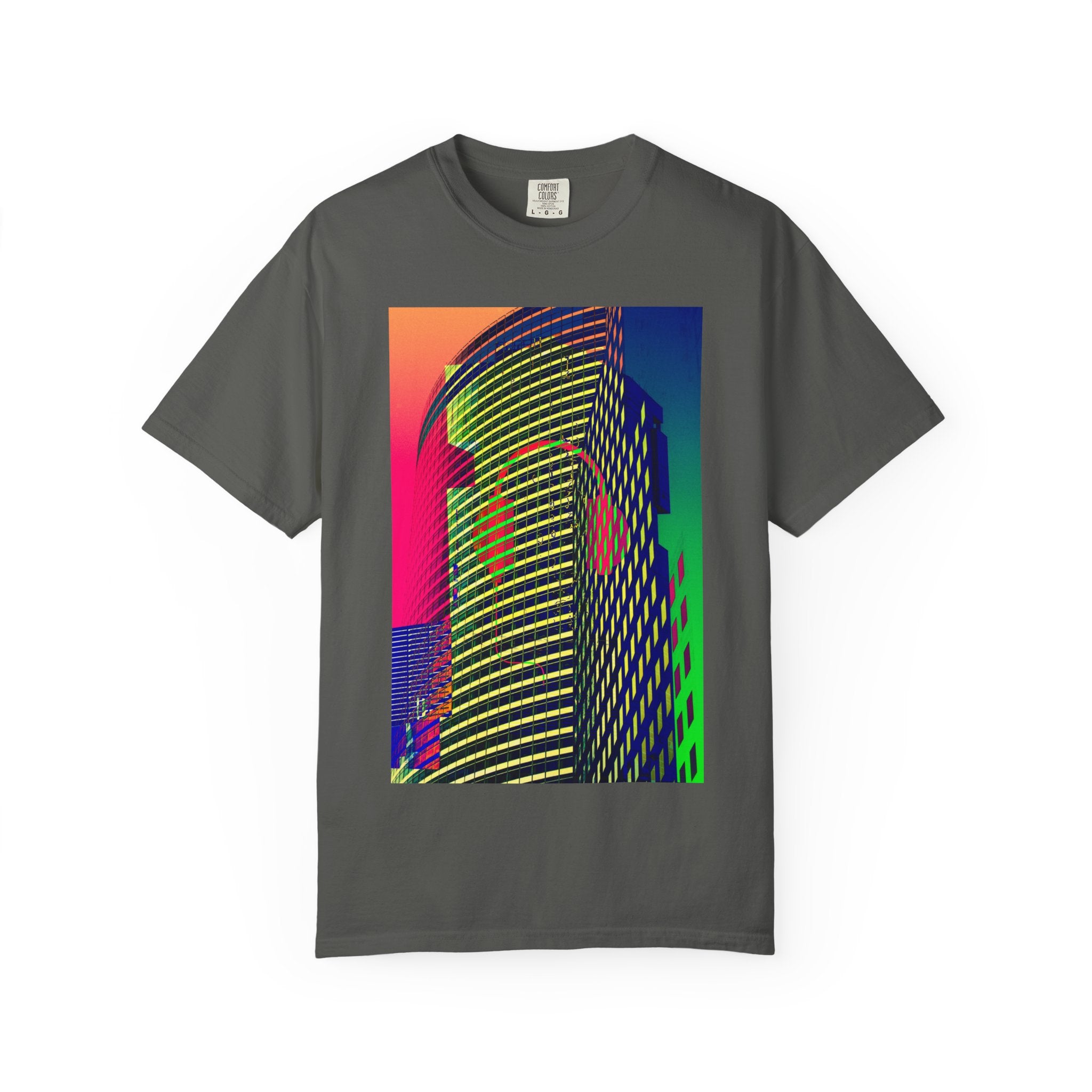 New York Beats By Kevin Quinn -Modern Abstract Architecture Neon Cityscape T-Shirt — Retro Vaporwave Building Print