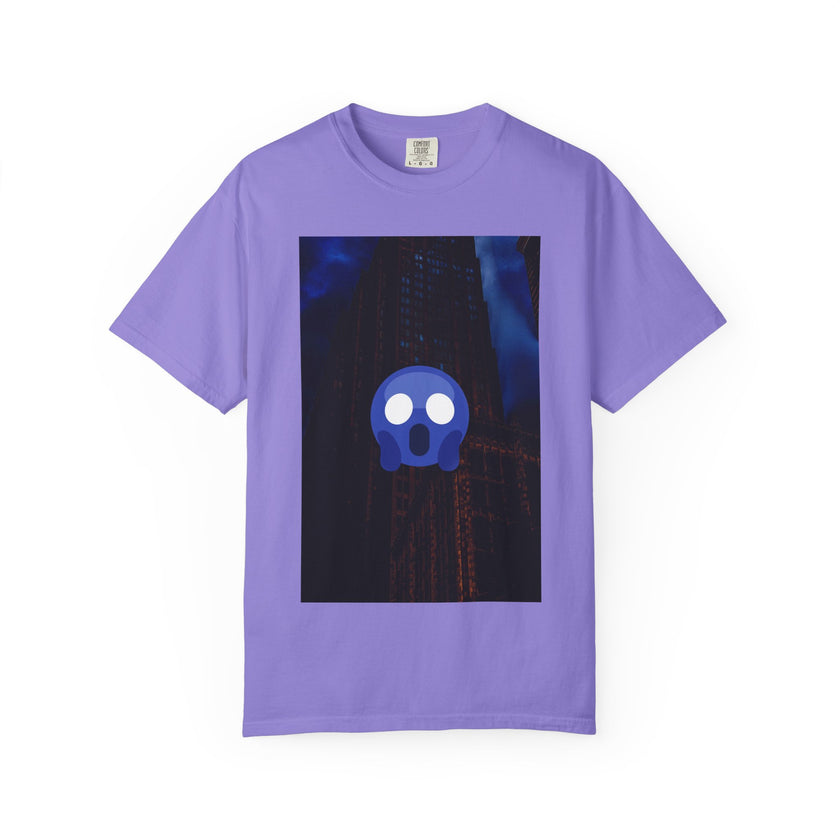 Mr. O  By Kevin Quinn   -Skull Ghost Graphic T-Shirt — Neon Blue Haunted Vibe- Modern Urban Pop Architecture