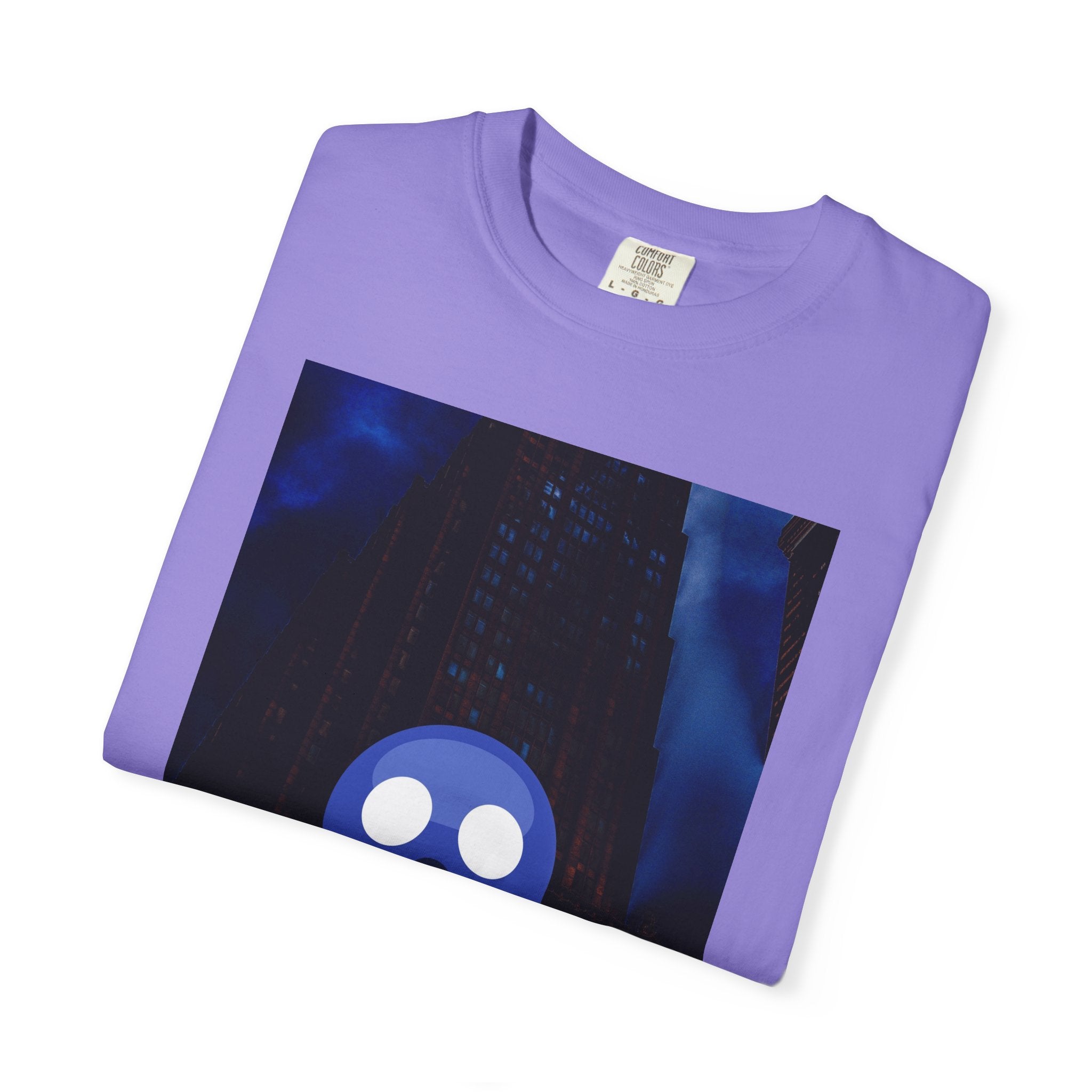 Mr. O  By Kevin Quinn   -Skull Ghost Graphic T-Shirt — Neon Blue Haunted Vibe- Modern Urban Pop Architecture