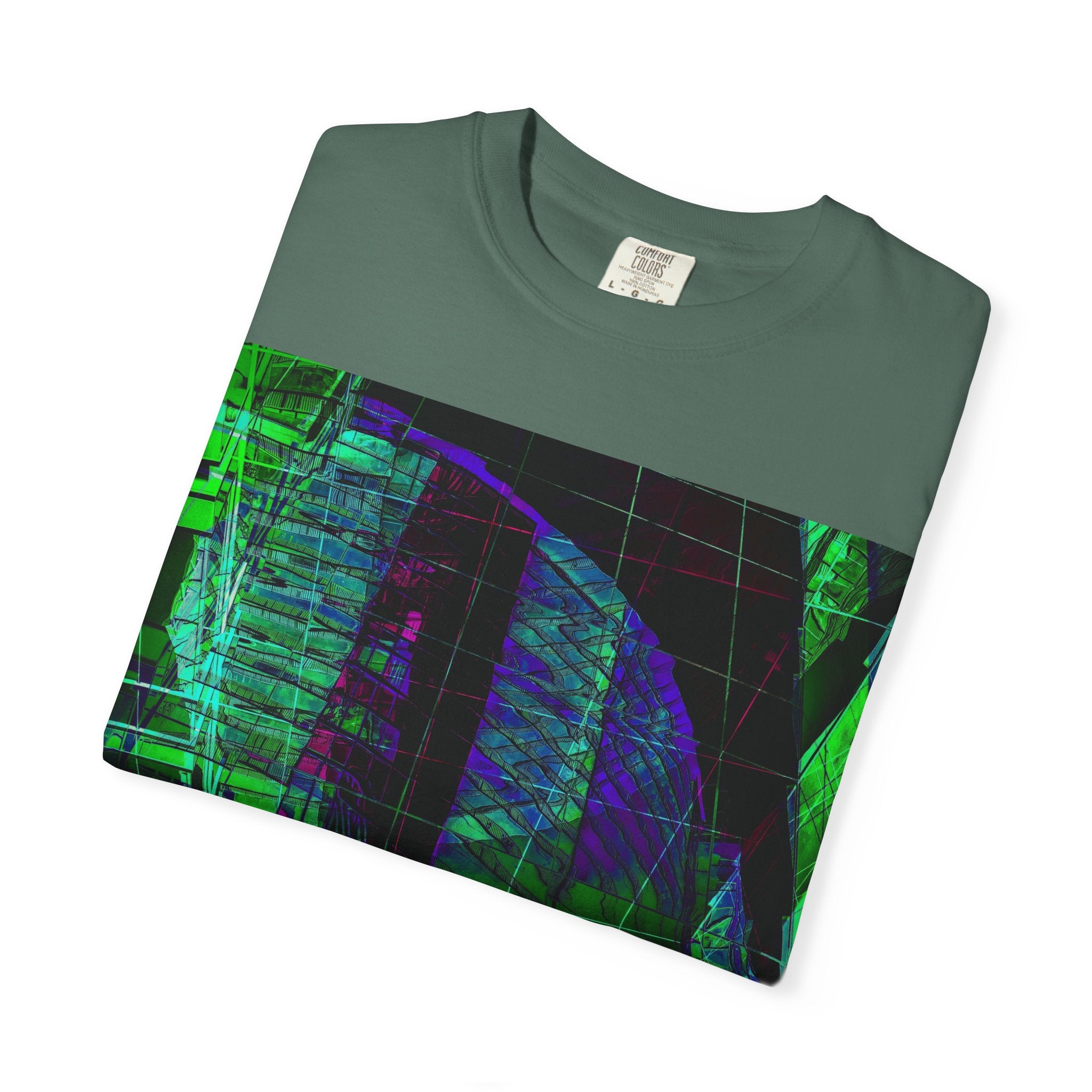 Love Talk By Kevin Quinn -Urban Abstract Architecture Neon Cityscape T-Shirt - Green & Purple Glitch Graphic