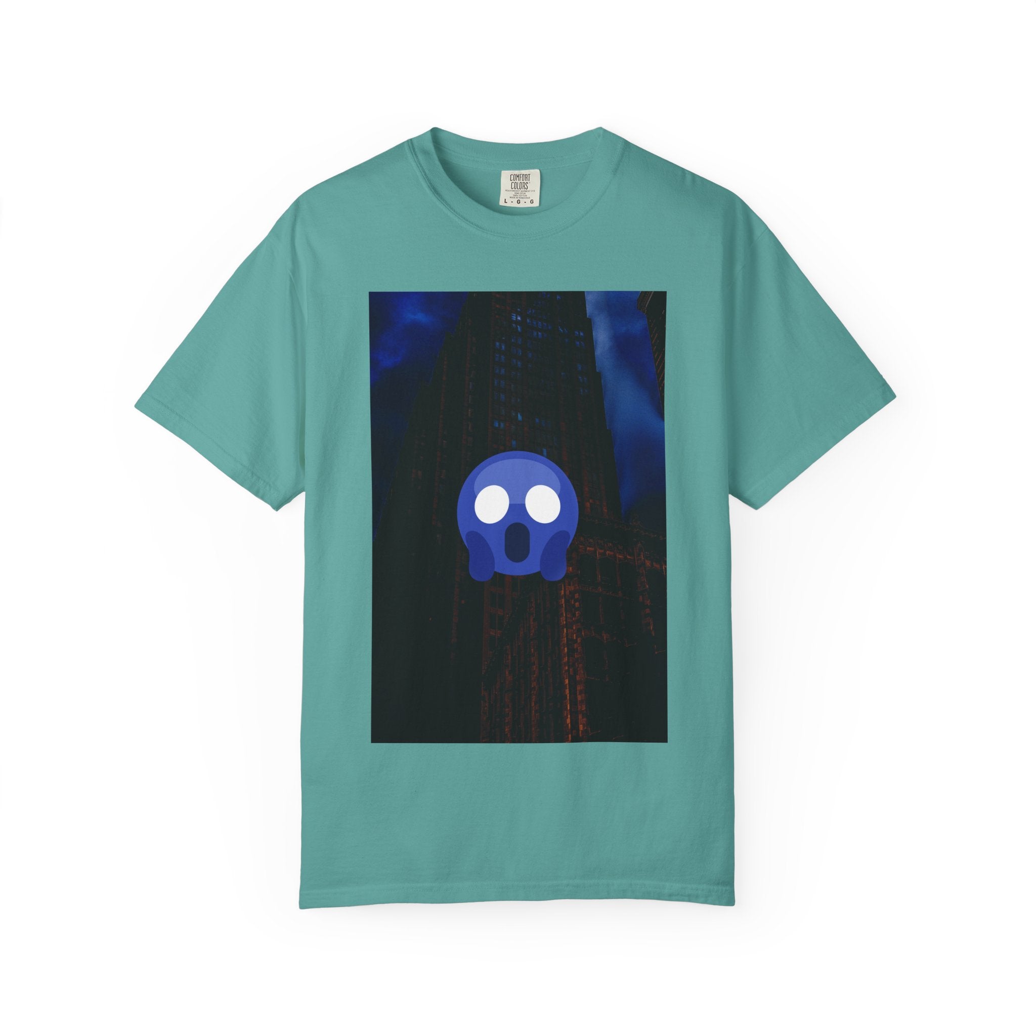 Mr. O  By Kevin Quinn   -Skull Ghost Graphic T-Shirt — Neon Blue Haunted Vibe- Modern Urban Pop Architecture
