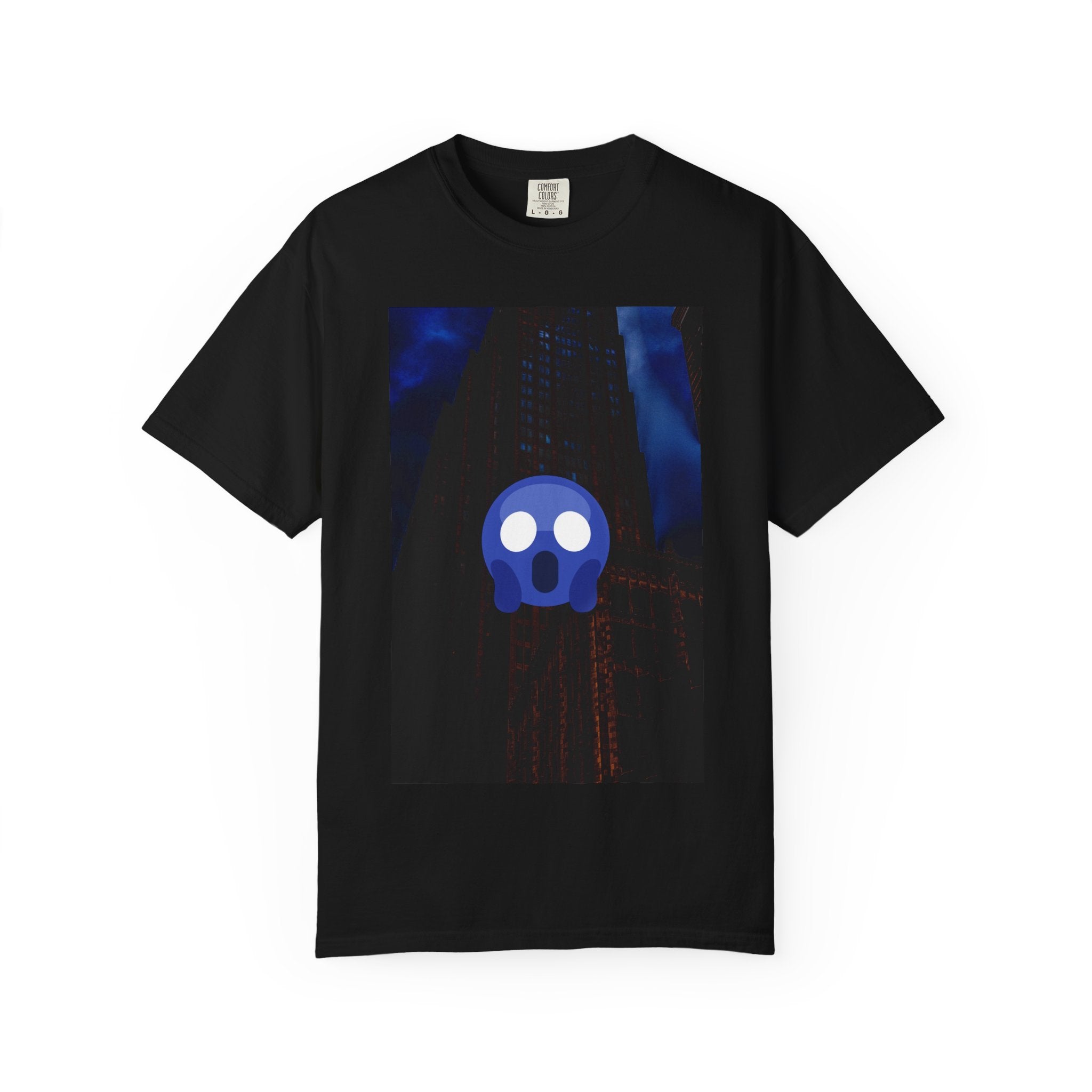 Mr. O  By Kevin Quinn   -Skull Ghost Graphic T-Shirt — Neon Blue Haunted Vibe- Modern Urban Pop Architecture