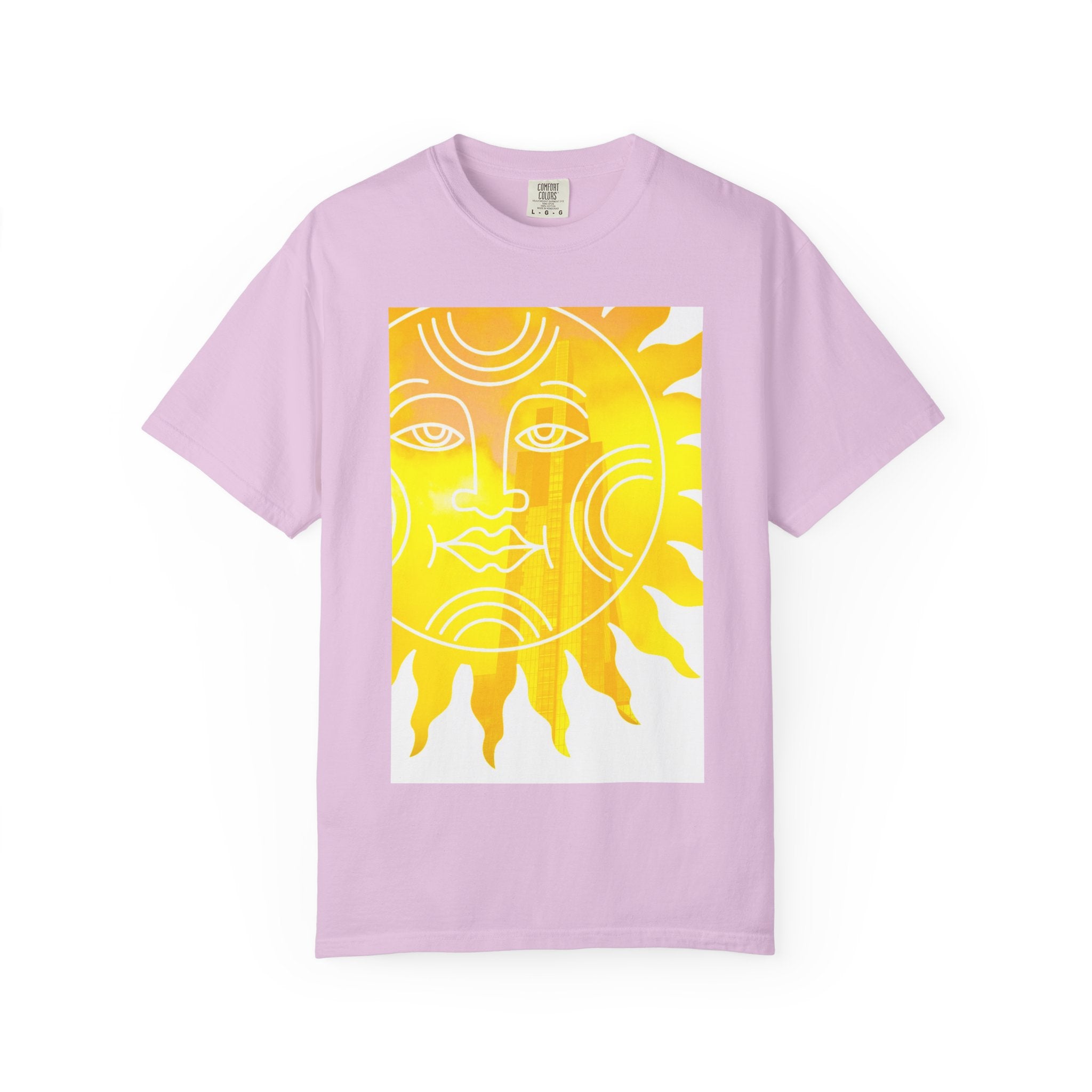 Silky The Sun Kid By Kevin Quinn-Modern Urban Sunface Graphic T-Shirt — Yellow Sun Artwork with QR Code Back